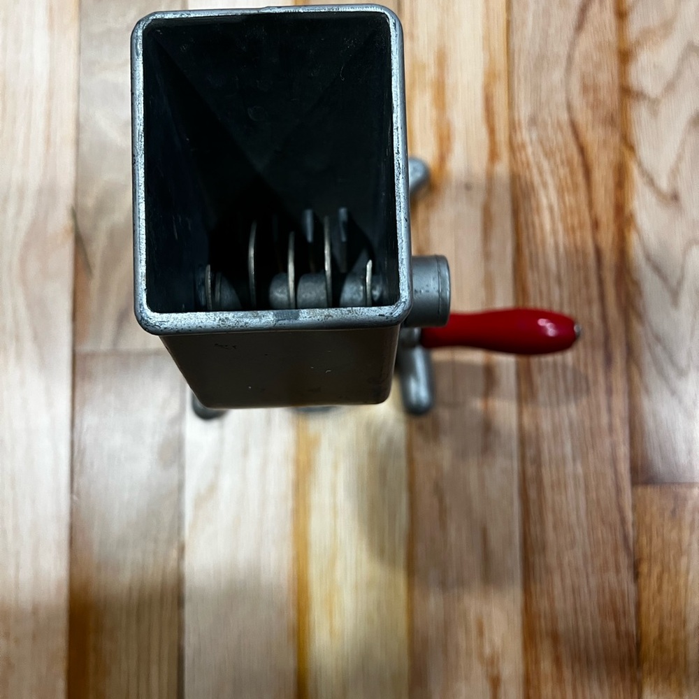 Vintage Metal Hand Crank Ice Crusher with Red Handle